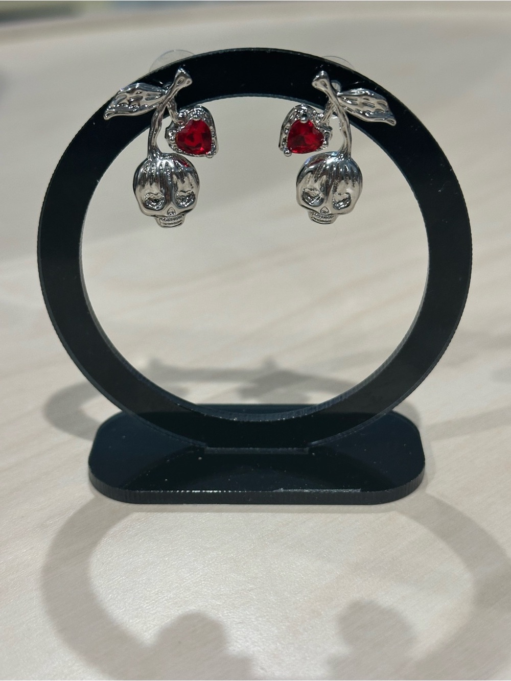 Silver-Tone Skull Cherry and Heart Drop Studded Earrings